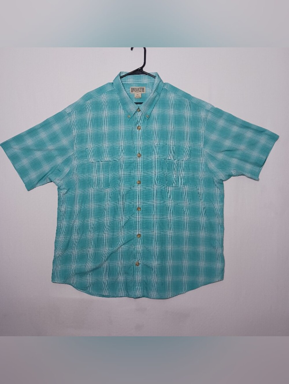 Duluth Trading Co. Mens Armachillo Short Sleeve Shirt 2XL Turquoise Plaid UPF 40